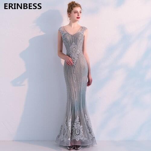 Sexy Mermaid Evening Dresses Long Dress 2019 Scoop Neck Sliver Gray Tulle With Beading Evening Dress Elegant Formal Prom Gowns