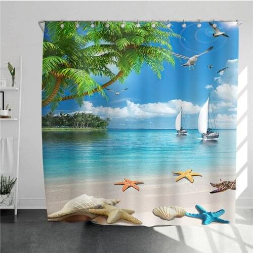 120/150/180/200cm Width High Quality Bathroom Shower Curtains Beach Landscape Waterproof Polyester Curtain For Bath Home Decor