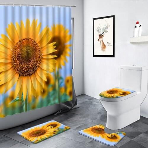 Yellow Sunflower Bathroom Shower Curtains Flowers Plant Rural Scenery Pattern WC Carpet Non-slip Mats Toilet Decor Bath Mat Set