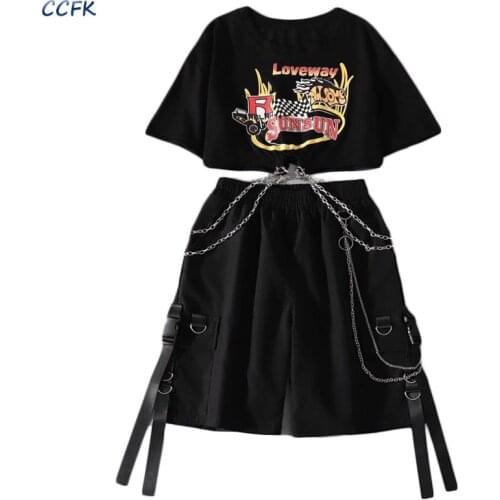 Summer Shorts Sets Women Chain T-Shirt Chain Ribbon Cargo Shorts E-girl harajuku Gothic Punk Loose Straight Short Pants Alt Y2K
