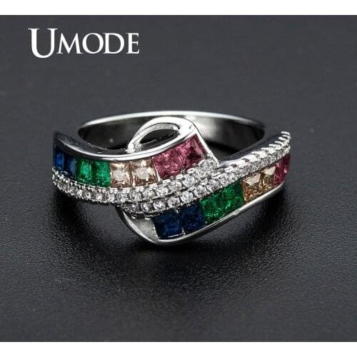 UMODE Muti Color Cubic Zirconia Solitaire Rings for Women Colorful Bypass Rings Wedding for Bridal Party Jewelry New UR0524