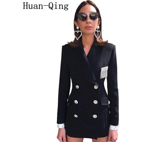 Runway Designer Double Breasted Black Blazers Autumn Suit Jacket Women Long Sleeve Brooch Slim Coat Blaser Femenino Outerwear