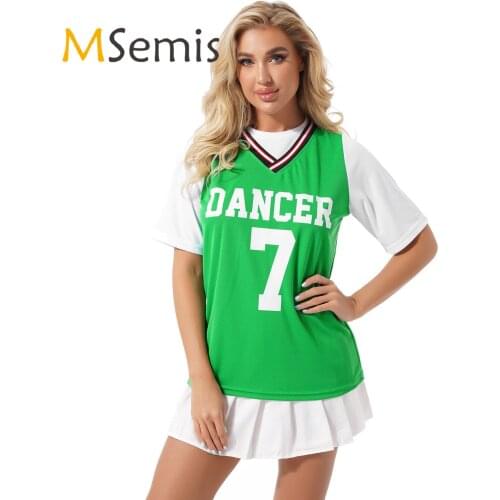 Womens Cheerleading Costume Set Sexy Schoolgirls Cosplay Costume Round Neckline Letter Top with Safety Shorts Pleated Skirts