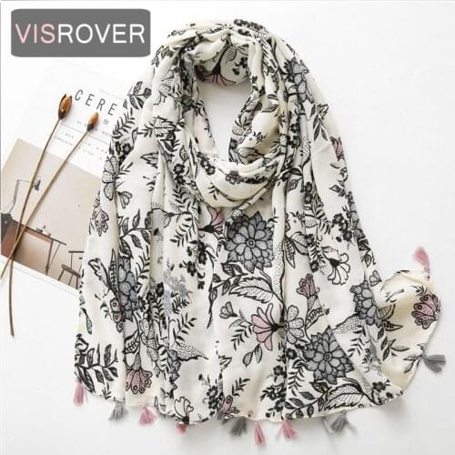 VISROVER 2020 New Black Flower Print Viscose Autumn Women Scarf Tassel Fashion Winter Pink Scarf Shawls Hijab Gift Wholesales
