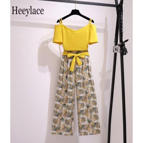 Women koean casual 2 pieces set Summer slash neck off shoulder top and high waist print wide leg pants set beachwear holiday set