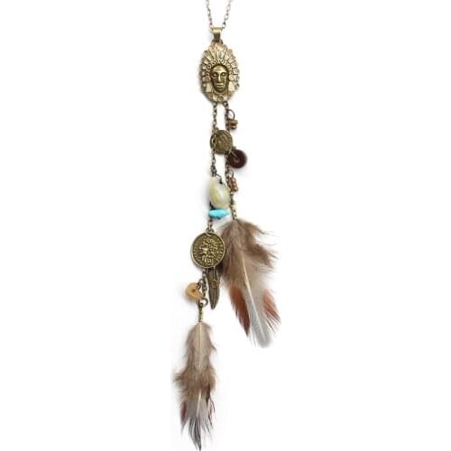 Women Long Necklace Indian Coin Stone Feather Fringed Necklaces Decorative Sweater Chain Collar Pendant Choker Bijoux