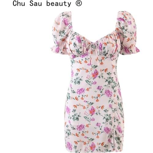 2021 Summer New Womens Fashion Vintage Flower Printed Square Neck Puff Sleeve Slit Printed Mini Dress