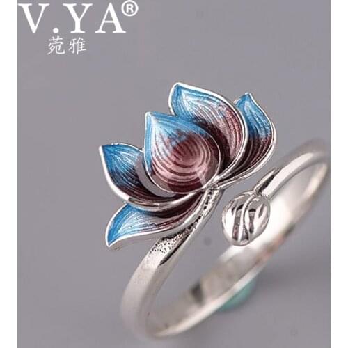 V.YA 925 Sterling Silver Lotus Open Ring Enameling Fashion Lotus Burnt Blue Open Ring for Women Lady Party Fine Jewelry