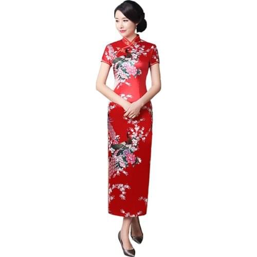 Plus Size 3XL 4XL 5XL Chinese Qipao Classic Women Women Chinese Short Sleeve Peacock Slitting Hem Cheongsam Banquet Midi Dress