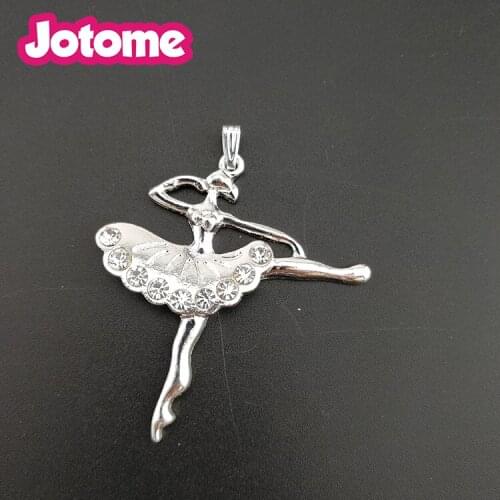Woman Jewelry silver tone 40mm clear crystal Ballet dancing girl charming necklace pendant