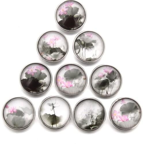 10pcs/lot Mixed 18mm Glass Snap Buttons Jewelry Chinese Lotus Flower Ginger Print Glass Cabochon Fit 18mm Snap Bracelet Bangles