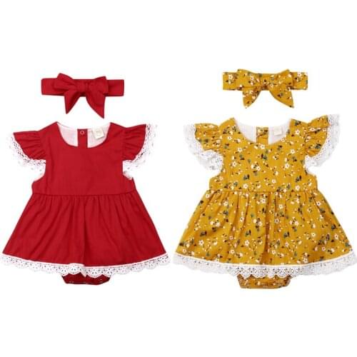 2PCS Newborn Baby Girl Floral Romper Dress Clothes Lace Flowers Solid Jumpsuits Dress Headband Summer Outfit