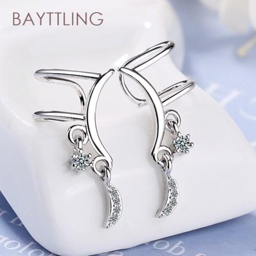 BAYTTLING 925 Sterling Silver 22mm Shiny Moon Zircon Drop Ear Clip Earrings For Woman Fashion Charm Jewelry Gift