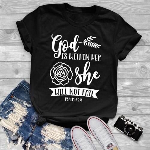 God Is Within Her She Will Not Fail Short-Sleeve T-Shirt women fashion rose flower pretty graphic Christian aesthetic shirt tees