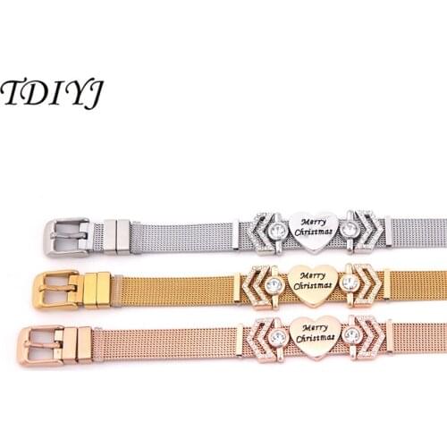 TDIYJ Stainless Steel Keeper Bracelet with Chevron Cut Out Bezel Solitaire Merry Christmas Slide Charms Rubber Stopper as Gifts