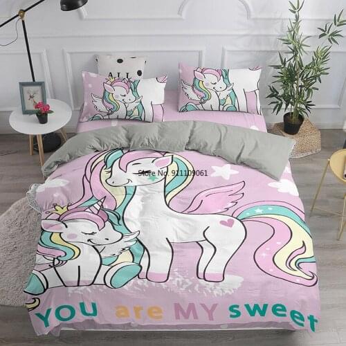 Children 3D Cute Unicorn Cartoon Rainbow Bedding Set Twin Single Sizes 2/3 Pcs Rainbow Bed Cover with Pillowcase Hom Bedclothes