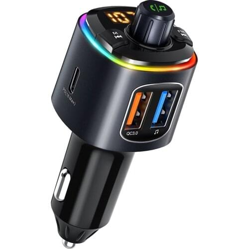 RGB Bluetooth V5.0 FM Transmitter for Car Quick Charge Wireless Radio Adaptor Audio Receiver 9 Backlit Modes & Hands-free Calls