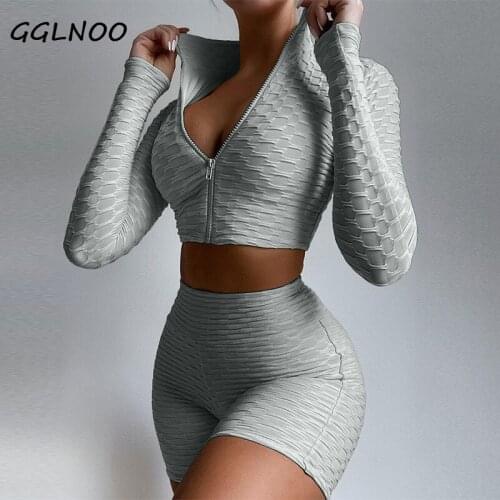 GGLNOO Two Pieces Sports Suit Solid Running Sets Zipper Stand Collar Long Sleeve Crop Tops+High Waist Shorts Women Tracksuit