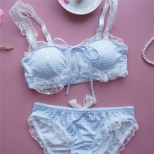 Blue Pink Lolita Lounge Underwear Suite Japanese Sexy Kawaii Bra and Panty Set for Women Girls Brallette Plaid Bra & Brief Sets