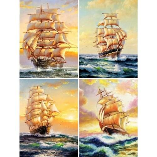 KAMY YI Sailboat Sea Sunset Landscape Diamond Painting Cross Stitch 5D Diy Full Diamond Embroidered Mosaic Home Decoration