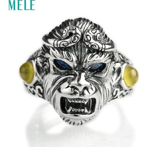 MELE Natural sapphire and prehnite silver 925 rings for man, Au Masculin jewelry with Monkey King shape