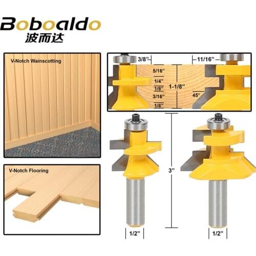 2pcs/lot 1/2 Matched Tongue & Groove V- Notch Router Bit Set Wooden CNC endmill Door Construction