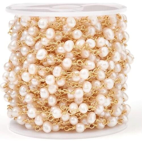 10M Handmade Brass Imitated Pearl Beads Link Chains for Wedding Party Jewelry Making DIY