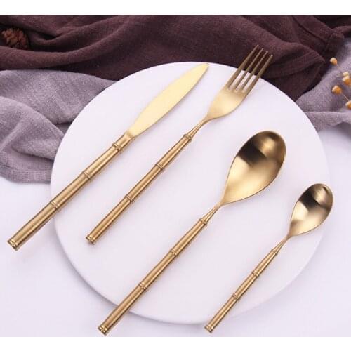 Set of 4pcs Western Dinnerware 304 Stainless Steel Bamboo Joint Titanium Gold Tableware Dinner Steak Knife Fork and Spoon