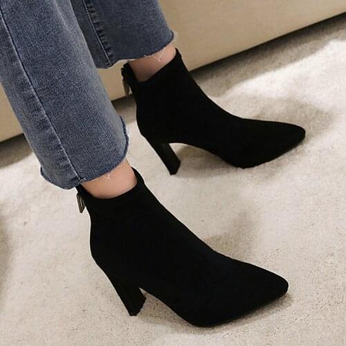 New Fall Women Flock Stretch Boots Fashion Pointed Toe Chain Ankle Boots Winter Square High Heels All-Match Lady Short Boots