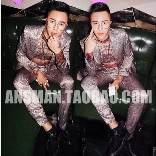 Fashion new bar nightclub male singer DJ DS G home LOGO embroidery animal Slim suit suit costume host two-piece Stage costume