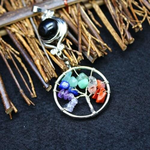 New Style 6pcs/Lot Natural Gravel Stone Handmade National Wind Colorful Tree of Life With Ball Reiki Healing Pendant Necklace
