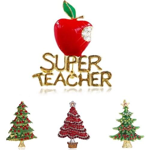 Wholesale New Year Christmas Tree Red Apple Super Teacher Brooch Pins Rhinestone Jewelry Accessories Badge for Christmas Gifts