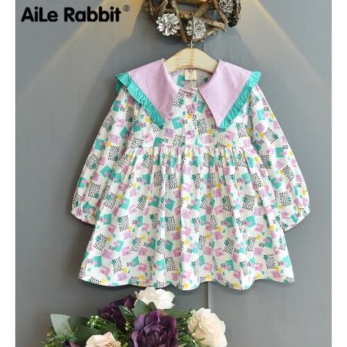 Girls Dress 2021 New Childrens Autumn Dress Long Sleeve Exotic Princess Skirt Baby Floral Pleated Skirt