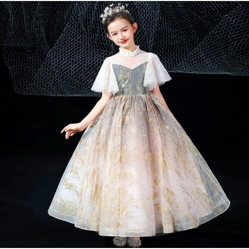 Flower Girl Dresses Princess Luxury White Sequined Floor-Length High Pearls Elegant Tulle Lace Ball Gown Kids Party Skirt H040