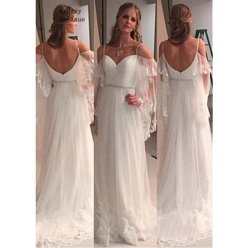 Backless Vestido De Noiva 2020 Cheap Wedding Dresses Spaghetti Straps Tulle Lace Beach Boho Dubai Arabic Wedding Gown Bridal