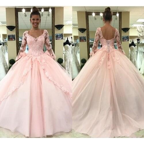 2021 Light Pink Quinceanera Dresses Long Sleeves Princess Sweet 16 Birthday Girls Prom Party Special Occasion Gowns