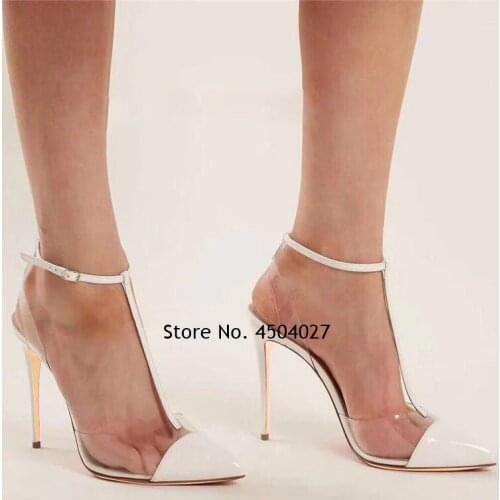 White Black Patent Leather T-strap PVC High Heel Shoes Pointed Toe Stiletto Heels Patchwork Dress Pumps Slingback Shoes