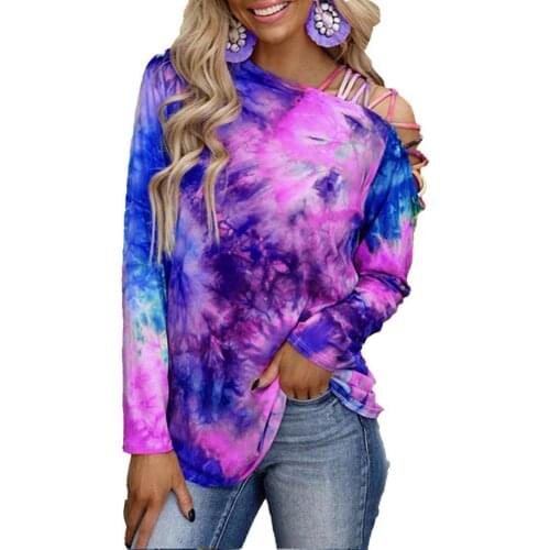 2021 New Women Casual T-Shirt Tie Dye Print Off Shoulder Long Sleeve Loose T-Shirt Pullover Top Women T-Shirts