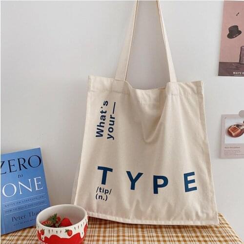 Women Casual Canvas Bag Blue TYPE Letters Print Beige Shoulder Bag Cotton Books Tote Bag Large Shopping Bags for Boutique 2021