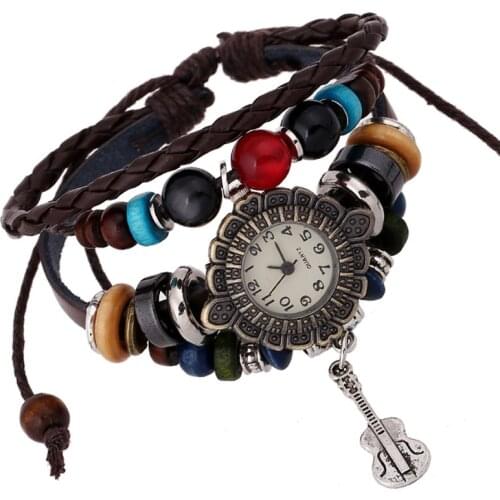 NEW Design Women Crystal Beads Bracelet Decoration Quartz Wrist Watch Design Guitar Pendant Genuine Leather Gift Free Shipping