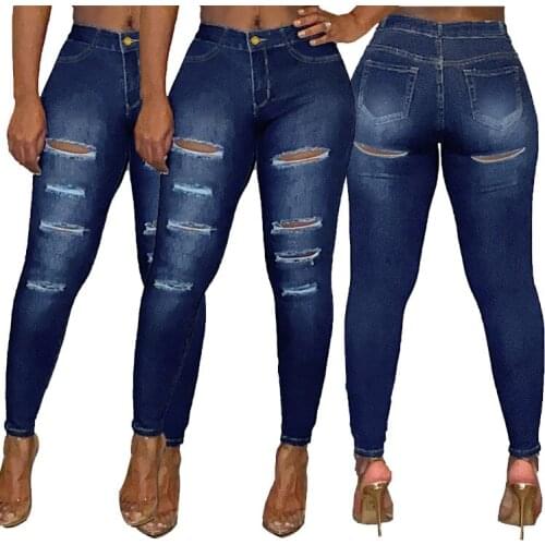 Women casual jeans washed distressed high-stretch skinny sexy jeans lady street denim pants pure blue pencil pants