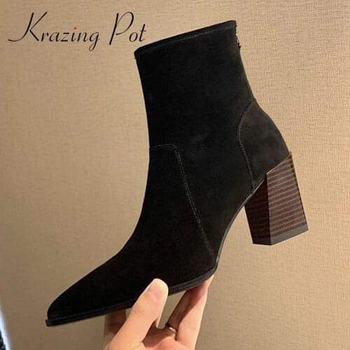 Krazing Pot 2020 new cow suede pointed toe high heel Chelsea boots solid concise style beauty lady streetwear ankle boots L57