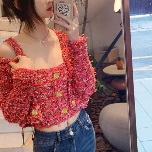 Luxury 2021FW Autumn Women Red High Quality Tweed Vest Tank Tops + Cardigan Female Sweater Suits Sets Ddxgz2v 7.19