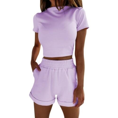 2021 Womens Summer New Casual Suit Solid Color Round Neck Short Sleeve High Waist Elastic Shorts Suit