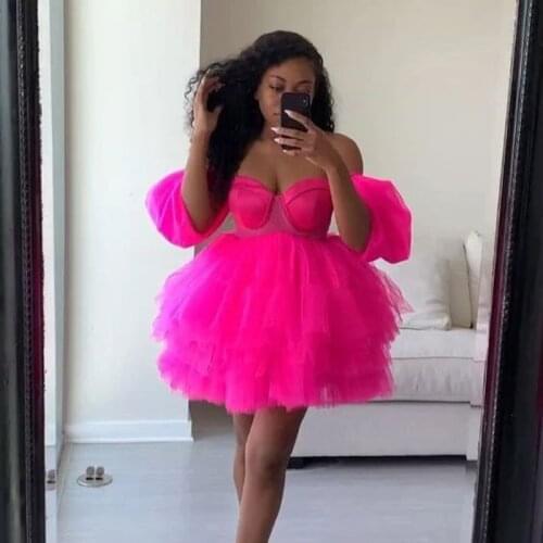 Fuchsia Tulle Short Summer Dresses Women 2020 Off The Shoulder Puff A-line Mini Formal Party Gowns Vestidos