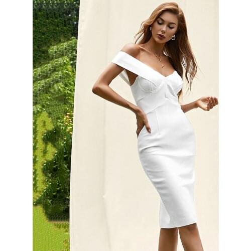 High Quality White Blue Women Midi Dress Sexy Off-shoulder V-neck Bodycon Temperament Celebrity Runway Party Dresses 2021