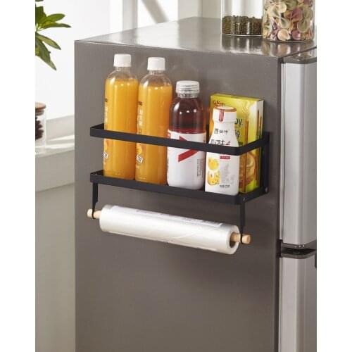 1 Layer Magnetic Spice Rack Kitchen Storage Rack with Hook Paper Towel Holder Hanging Organizer Shelf for Refrigerator Side