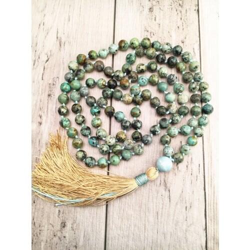 108 Mala Bead Necklace African Turquoises Hand Knotted Necklace Tassel Necklaces Prayer Necklaces Yoga Mala meditation Jewelry