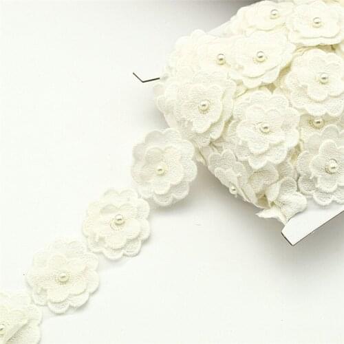 14yards Beaded Pearl cream white Flower Lace Ribbon Applique Motif Trim Venise Sewing on craft