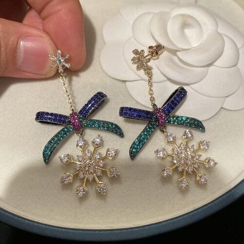 2021 Korean Pop New Blue Green Color Bow Snowflake Tassel Earring Wedding Party Charms Modern Geometric Jewelry Dropshipping